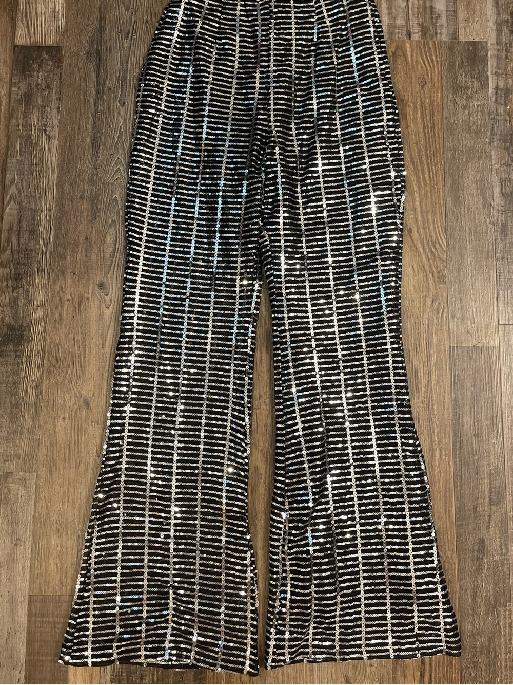 Black with Silver Sequins, Sexy Party Pants - Stretch Fabric, Flare Leg
